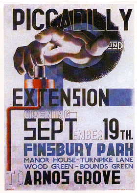 Retro-advert for the Piccadilly extension line, linking to a page about the song The Piccadilly Weepers.